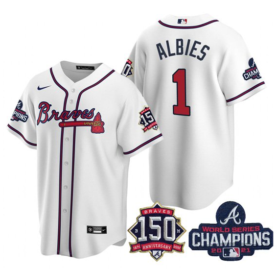 Men's Atlanta Braves #1 Ozzie Albies 2021 White World Series Champions With 150th Anniversary Patch Cool Base Stitched Jersey Men's Atlanta Braves #1 Ozzie Albies 2021 White World Series Champions With 150th Anniversary Patch Cool Base Stitched Jersey